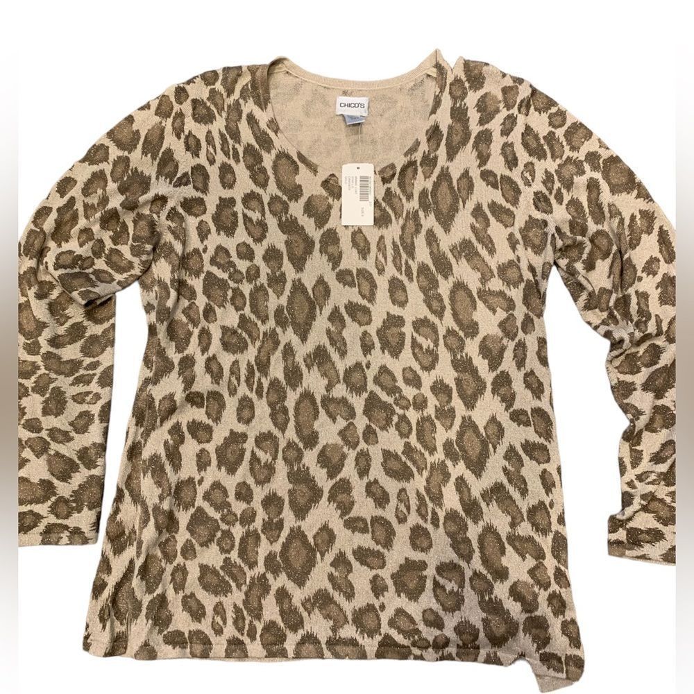 Chico's Tan and Brown Leopard Print V-Neck Sweater Top